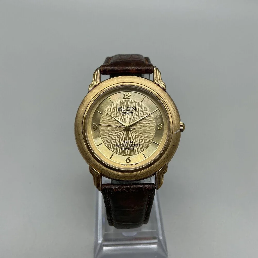 Elgin Swiss Mens Watch 36mm Gold Tone Brown Leather FLS30-040 New Battery